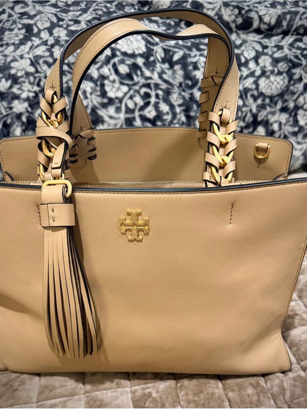 Tory Burch Tan Leather Tote with Tassel and Braided Handles
